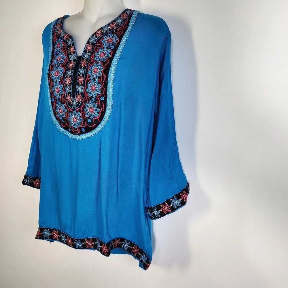 ANJLI Women's Top Size 34 Blue Black Pink Embroidered 3/4 Sleeve Blouse V Neck